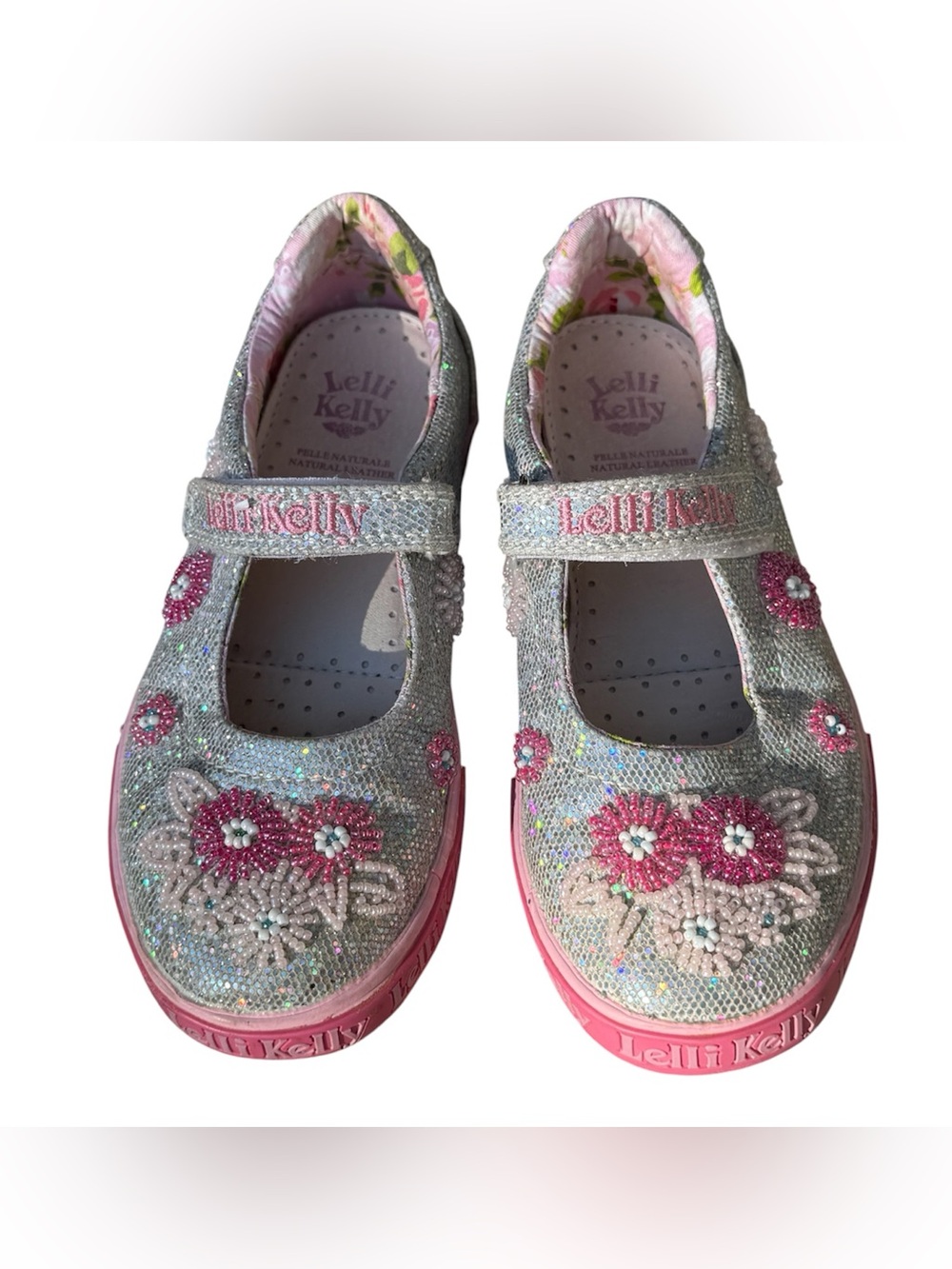 Lelli Kelly girl’s silver sparkly pink beaded Velcro Mary Jane style shoes 13
